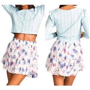 LoveShackFancy Skirt Women Large White Blue Floral Deep Cotton Candy Ruffle Mini